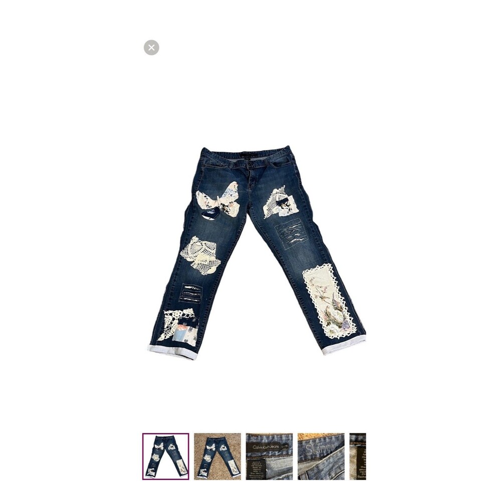 Upcycled Calvin Klein Jeans Skinny Patchwork Embroidered Lace Blue Denim Women